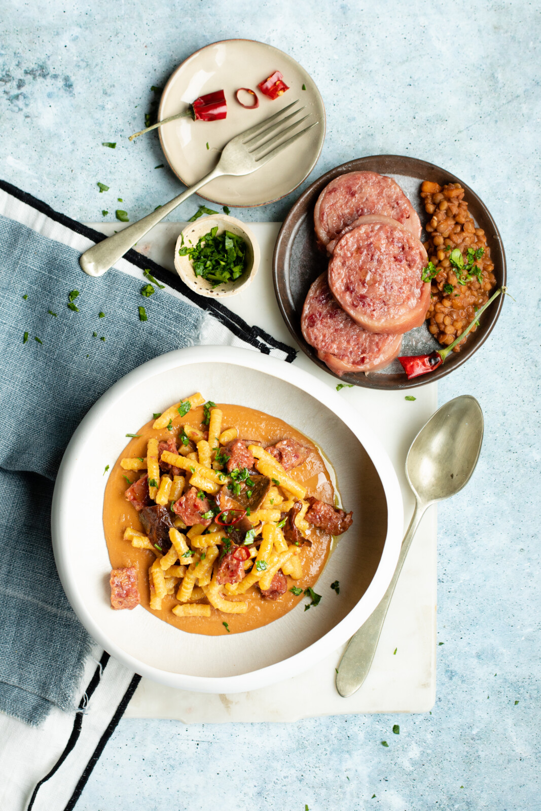 Passatelli su crema di lenticchie, Zampone Modena IGP e porcini Funghi di Borgotaro IGP