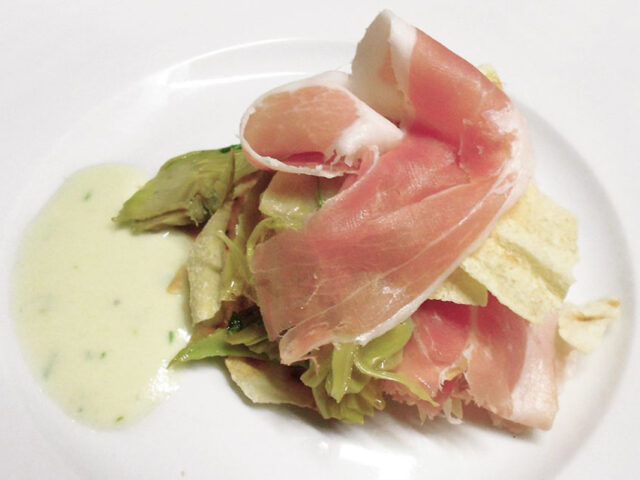 Millefoglie di pane, carciofi e Prosciutto Veneto DOP